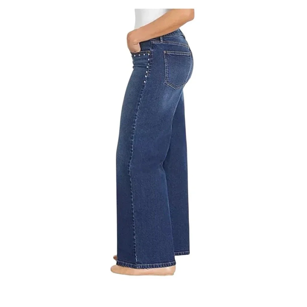Nine West Wide Leg Jean Size 6 Dark Wash Decorative Studs High Rise Stretch - Picture 3 of 16